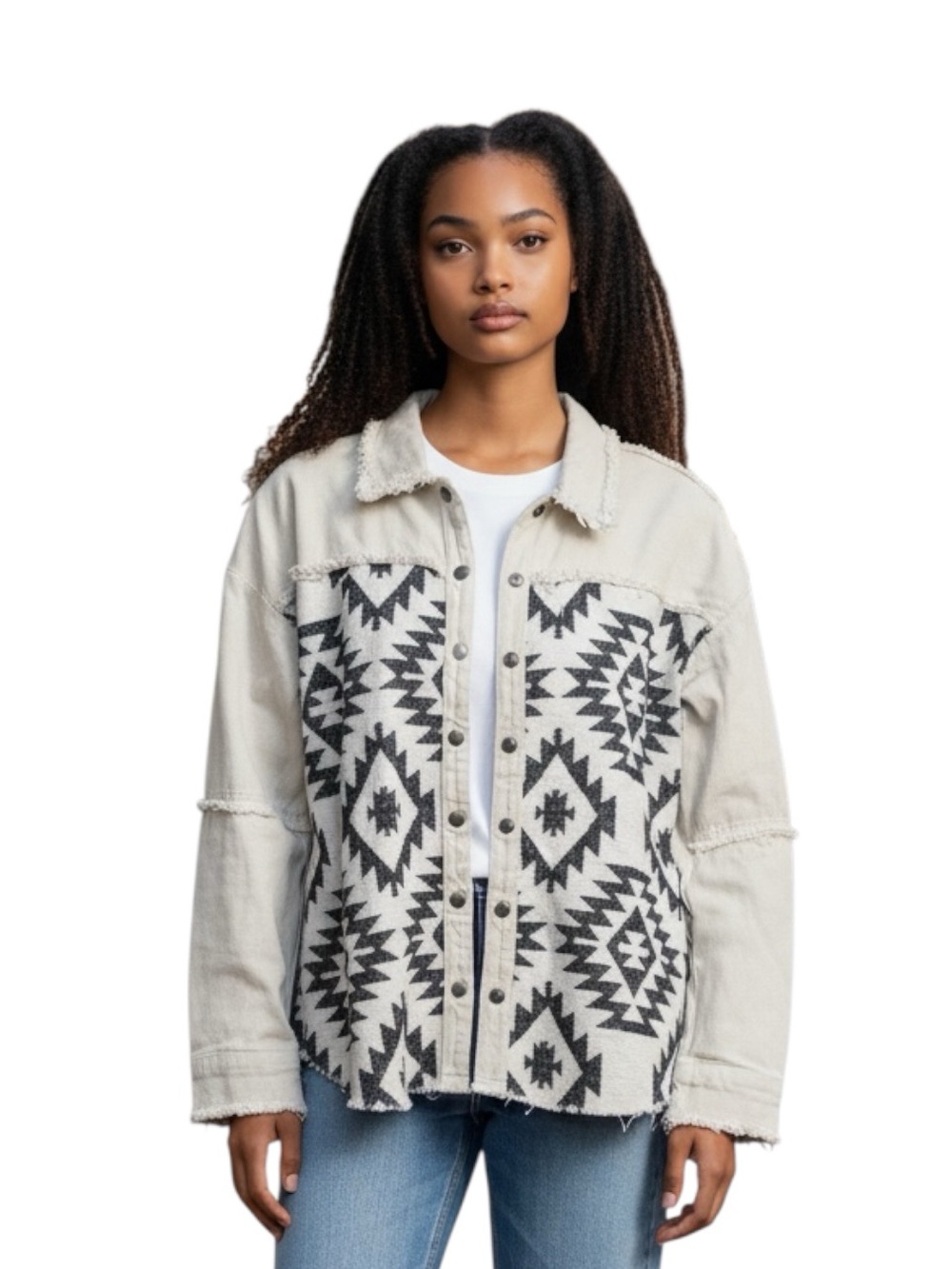 Mystree Cream Aztec-Panel Jean Shacket